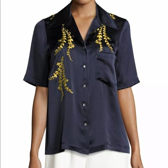 cinq á sept Silk Dani Blouse Blue Gold Embroidered Button Charmeuse Top Floral - Picture 1 of 10